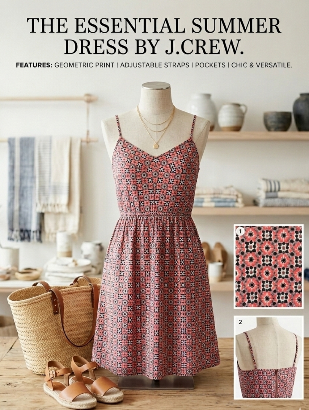 J. Crew Factory Coral-Black Geometric Floral Mini Dress